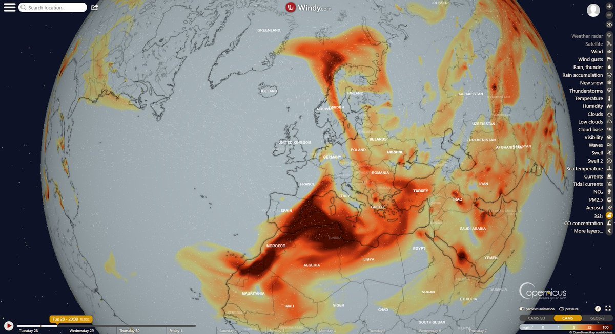 Pluma de dióxido de enxofre do vulcão Cumbre Vieja saiu das ilhas Canárias e chega a Europa.